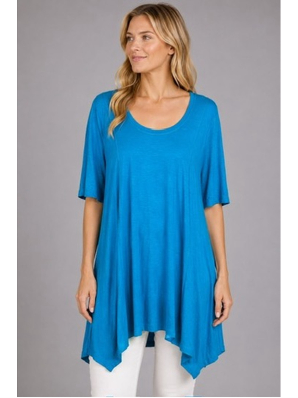 LOGO Lori Goldstein Blue Swing Tunic Top Asymmetrical Hanky Hem Size XL Beachy